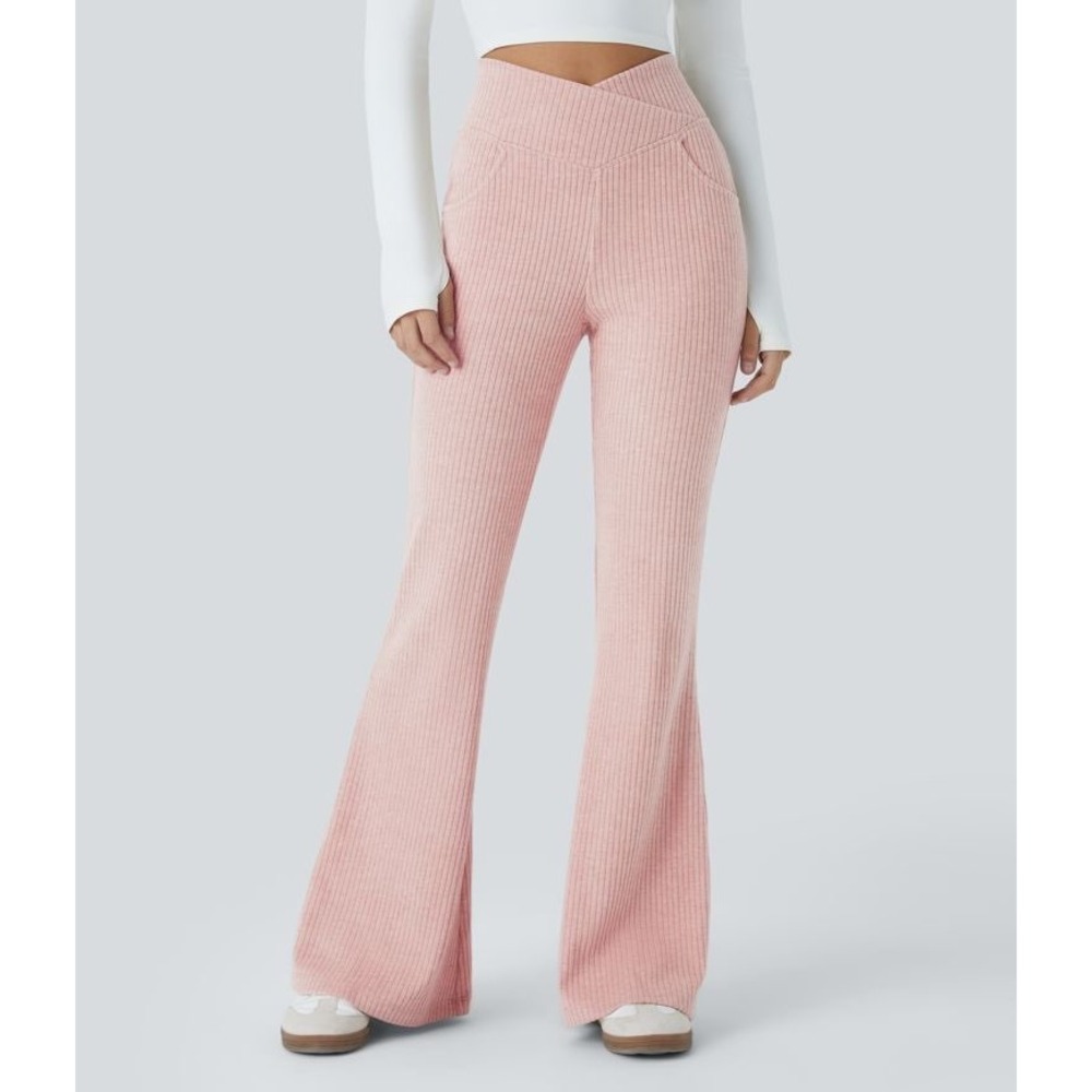 Halara Ribbed Knit Crossover High Waisted Pocket Casual Flare Pants Size Small